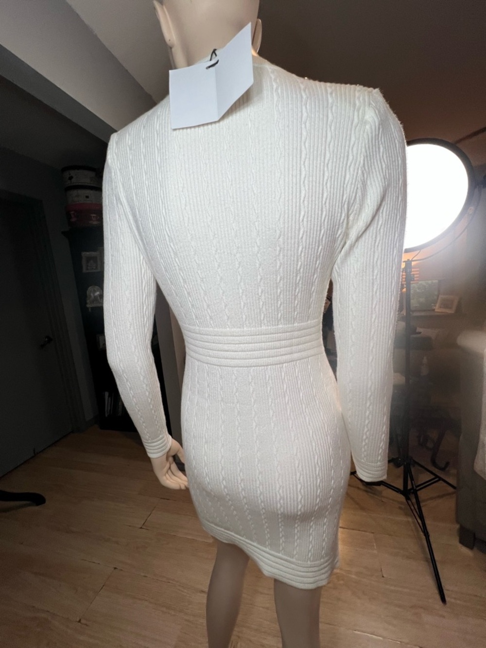 Balmain INSPIRED White Ribbed Knit Cardigan Dress with Chain-Trim Detail - Picture 10 of 15